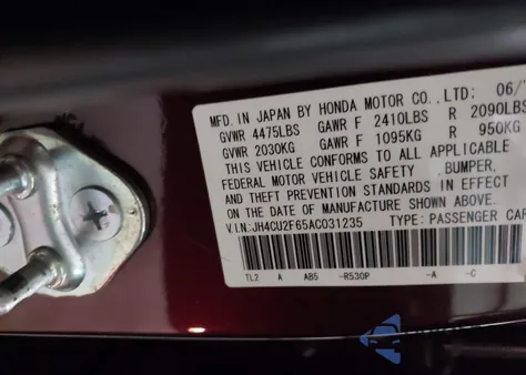 2010 Acura Tsx 2.4 from USA, damaged, VIN JH4CU2F65AC031235